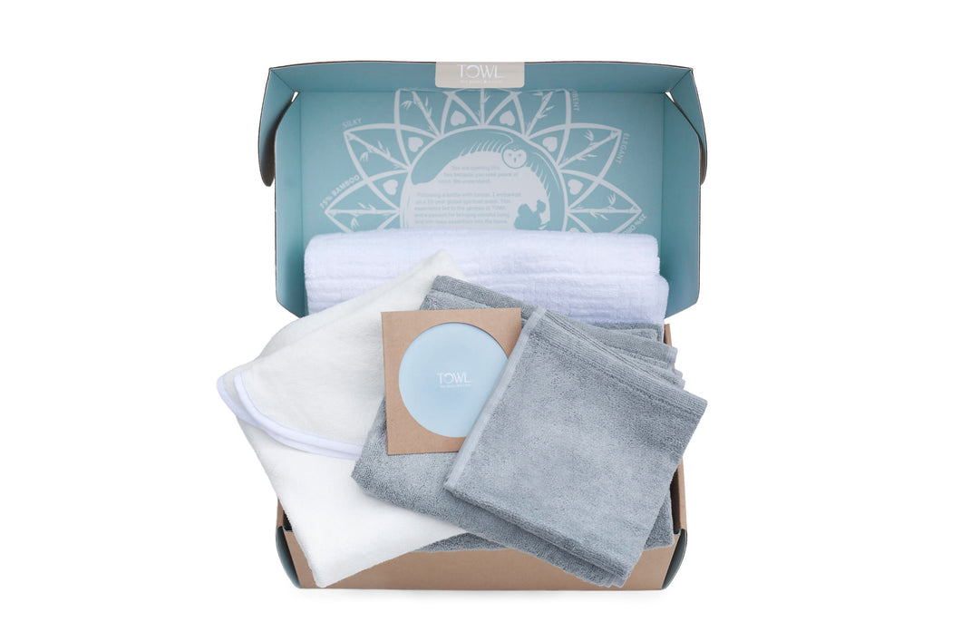 Wise Towl's Gift Set with one of each of our luxury bamboo towels, hand towels, wash cloths, organic baby towels, and organic cotton bath sheets